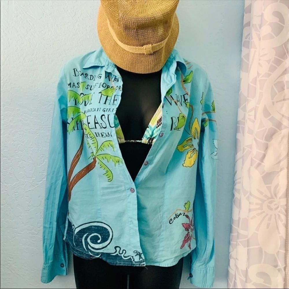 Colin’s Turquoise Blue Graphic Button Down Surfer Shirt Size Small